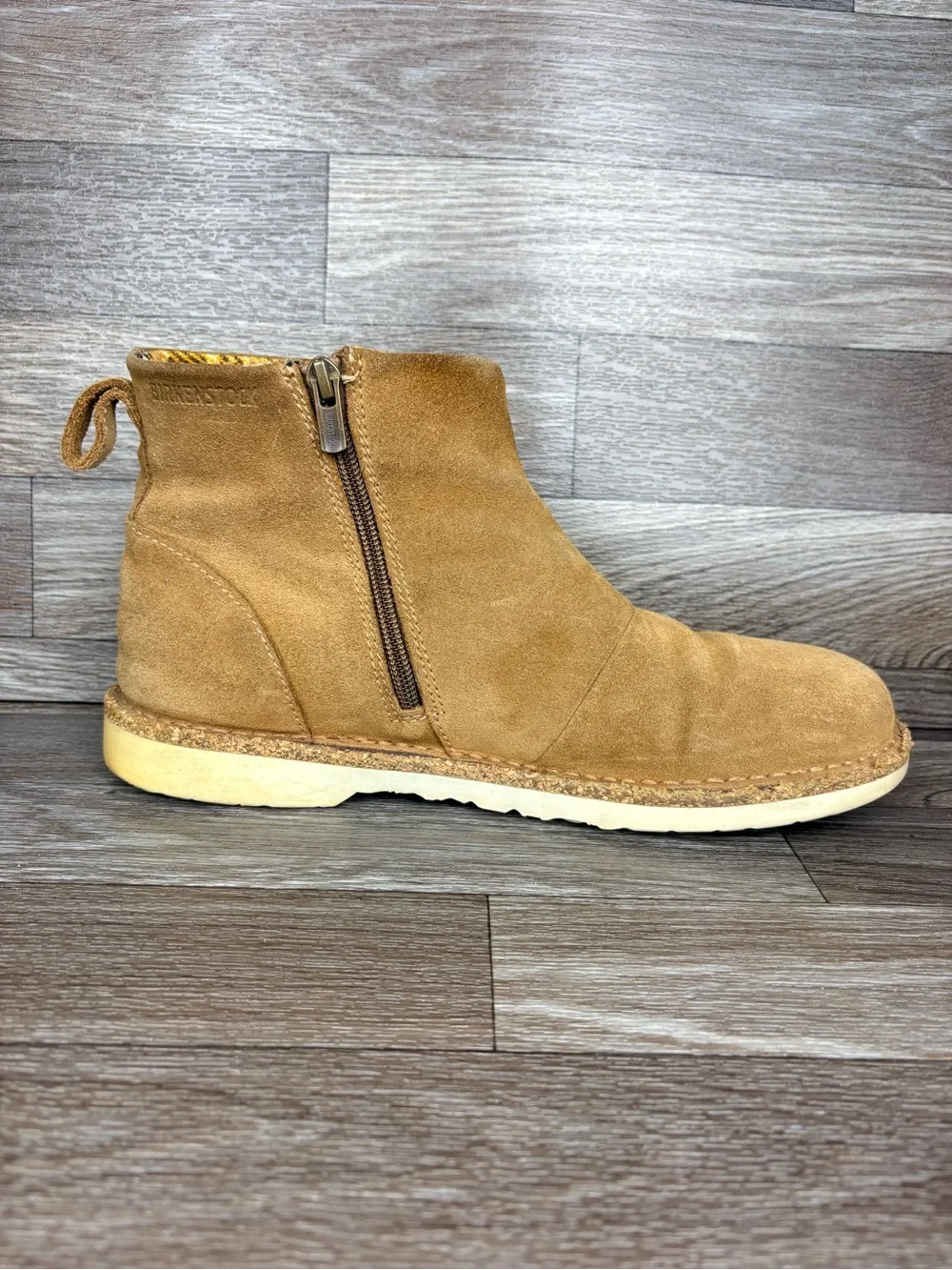 Birkenstock Melrose Tan Suede Zip Up Ankle Boot Plaid Lining Women’s Sz 40 or 9